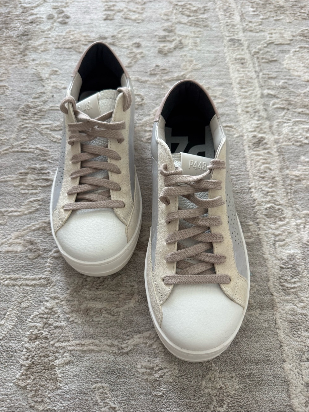 P448 Women’s White & Beige Low-Top Sneakers with Taupe Laces